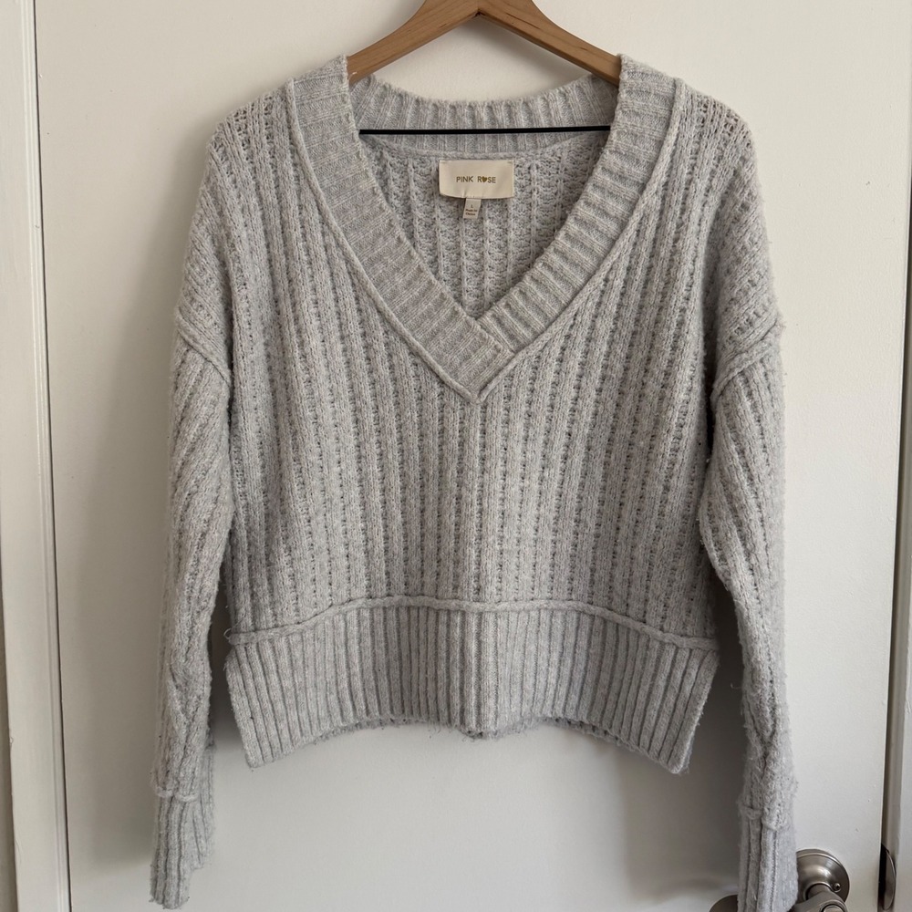 V-Neck Ribbed Knit Sweater Light Gray Slouchy Oversize Granolagirl Cozy Fall